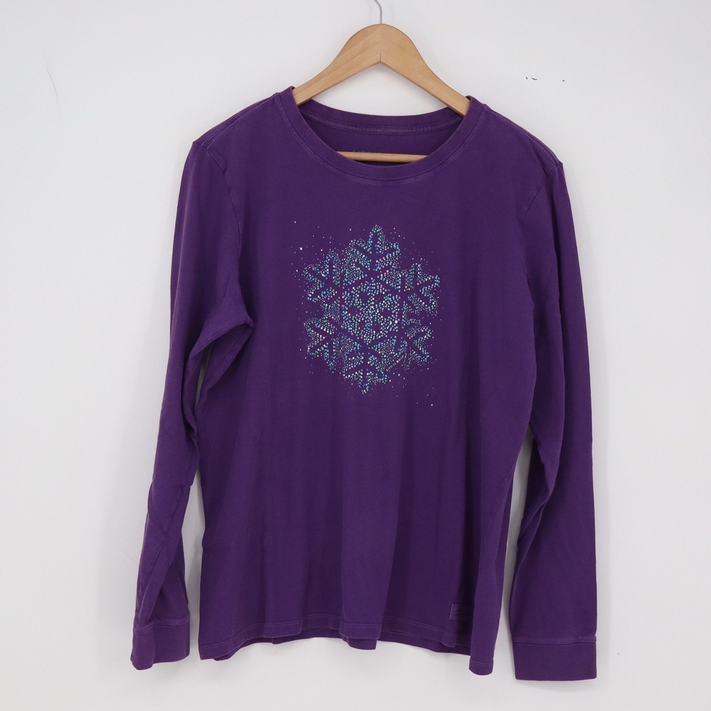 Life is Good T-Shirt Womens L Crusher Purple Snowflake Graphic Long Sleeve Exc